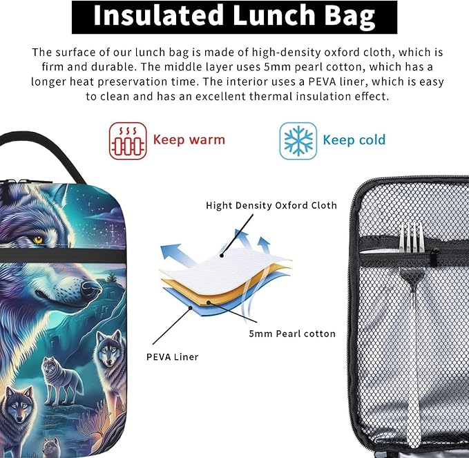 Wolf Lunch Box for Adults Women Girls Boys Kids Animal Lunch Box Insulated Cooler Reusable Lunch Bag Container Gifts for Work Office Picnic Travel School