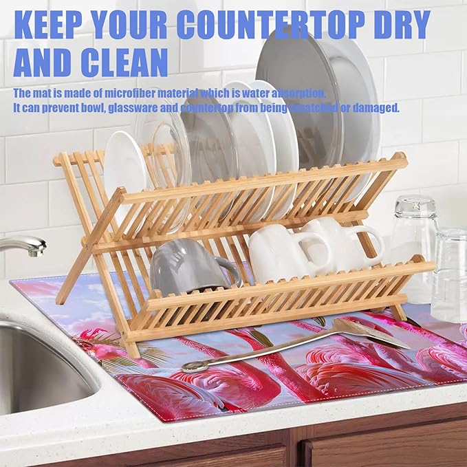Spring Summer Flamingo Dish Drying Mat for Kitchen Counter Drying Pad Absorbent Reversible Dish Drainer Rack Mats Draining Pad 18"x24"Inch