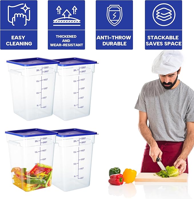 4 Pack Food Storage Containers, 22 Quart with Lids, Square Commercial Containers with Scale, NSF, Polycarbonate, Clear