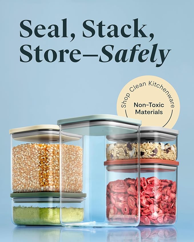 Caraway 14-Piece Glass Airtight Food Storage Containers with Lids – Non-Toxic, BPA-Free Kitchen Storage Containers – Stackable, Space-Saving Airtight Containers for Dry Goods and More - Cream