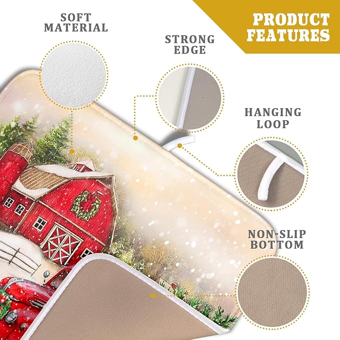 Red Truck Dish Drying Mat Xmas Tree Dish Drainer Rack Mat Winter Microfiber Absorbent Drying Pad for Home Kitchen Counter Decor 16x18 Inch
