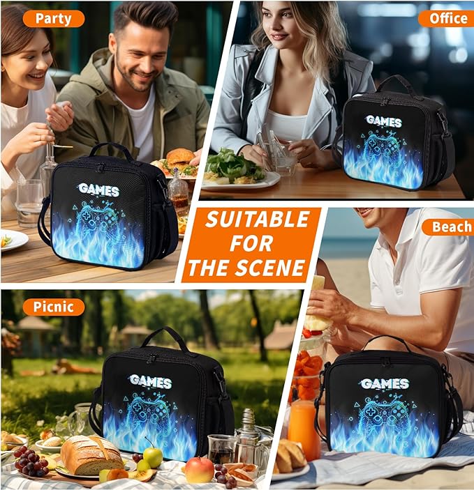 Video Game Lunch Box for Boys Insulated Gamepad Lunch Bag for Kids Reusable Cool Game Gamer Lunchbox Portable Lunch Tote With Adjustable Shoulder Strap for Teens Women Men Work School Travel Picnic