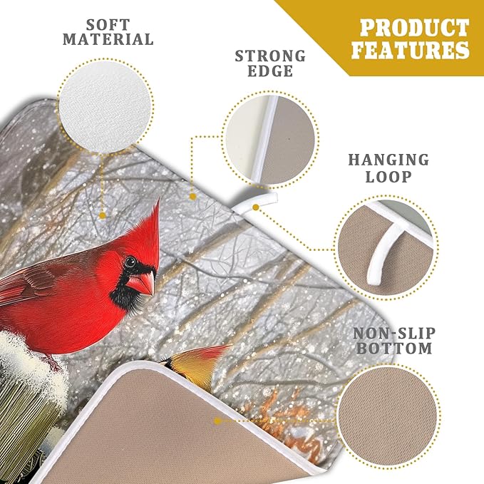 Winter Birds Dish Drying Mat Red Berry Dish Drainer Rack Mat Microfiber Absorbent Dish Drying Pad for Kitchen Counter Coffee Bar 16x18 Inch