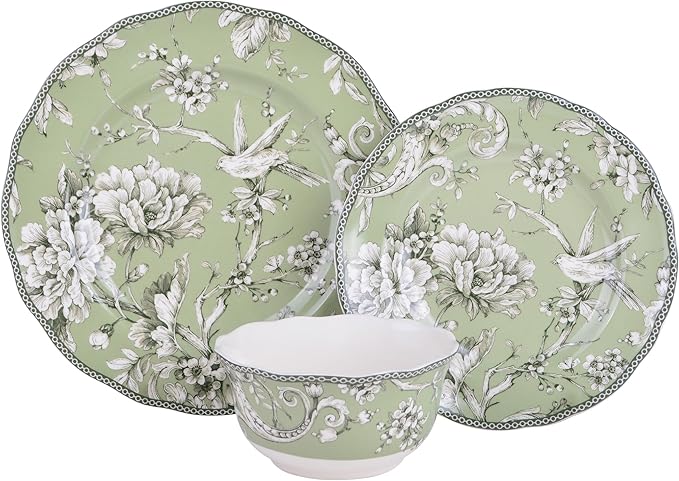 222 Fifth Adelaide Sage Porcelain 12-Piece Dinnerware Set – Service for 4, Includes Dinner Plates, Salad Plates & Cereal Bowls, Durable Porcelain, Dishwasher Safe, for Everyday Dining & Entertainment
