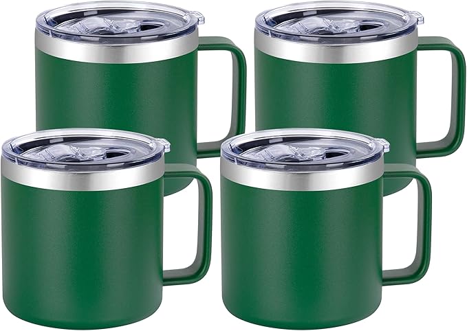 VEGOND 14 oz Insulated Coffee Mug Bulk with Handle, Stainless Steel Travel Coffee Mug with Lid, Double Wall Vacuum Metal Coffee Cup, Coffee Tumbler Powder Coated, Dark Green 4 Pack