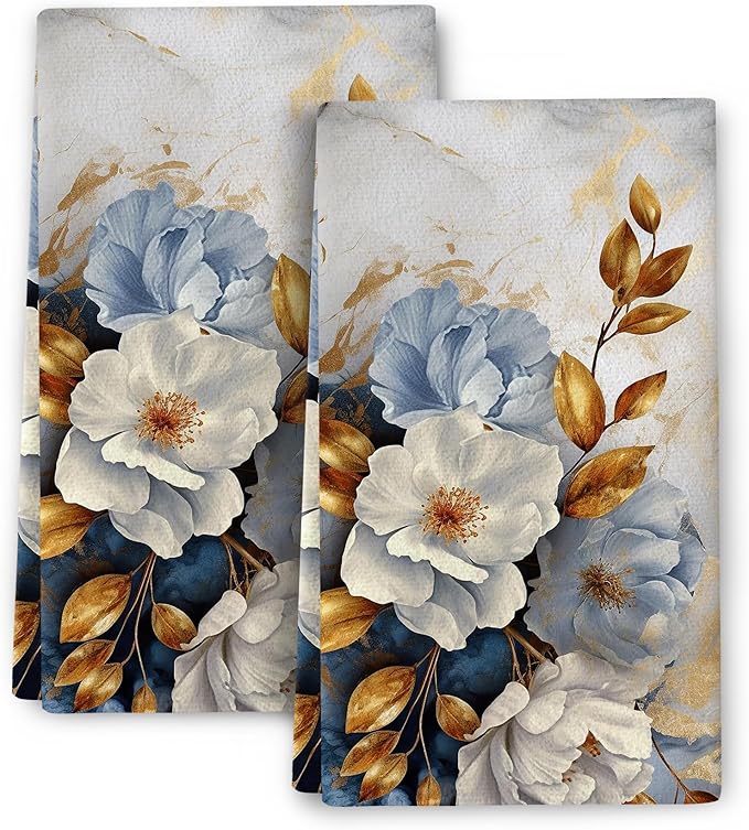 Retro Floral Kitchen Towels Decorative Set of 2, Absorbent Golden Dish Towels for Kitchen Drying, Cute Tea Towels Hand Towels for Kitchen Bar Bathroom Decor,Housewarming Gifts for Women