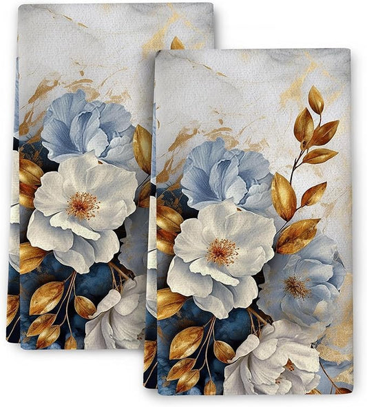 Retro Floral Kitchen Towels Decorative Set of 2, Absorbent Golden Dish Towels for Kitchen Drying, Cute Tea Towels Hand Towels for Kitchen Bar Bathroom Decor,Housewarming Gifts for Women