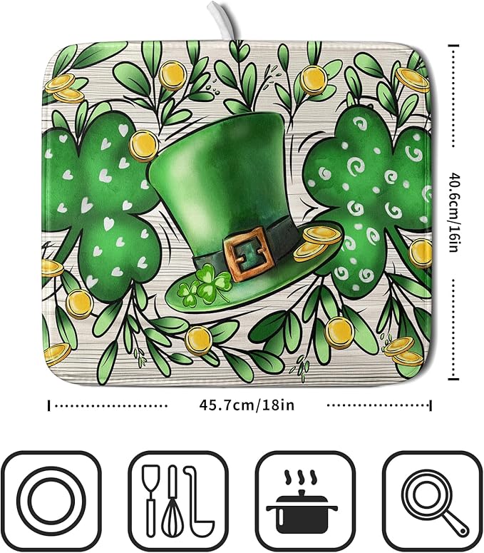 St Patrick's Day Shamrock Dish Drying Mat 16x18 inch Eucalyptus Leaves Dishes Pad Dish Drainer Mats Absorbent Fast Dry Kitchen Accessories