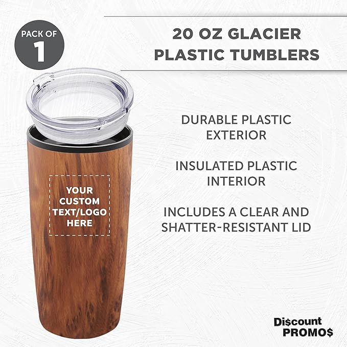 DISCOUNT PROMOS Custom Plastic Tumblers 20 oz. Set of 1, Personalized Bulk Pack - With lids, Ice Coffee Tumbler, To Go Cup, Insulated - Wood