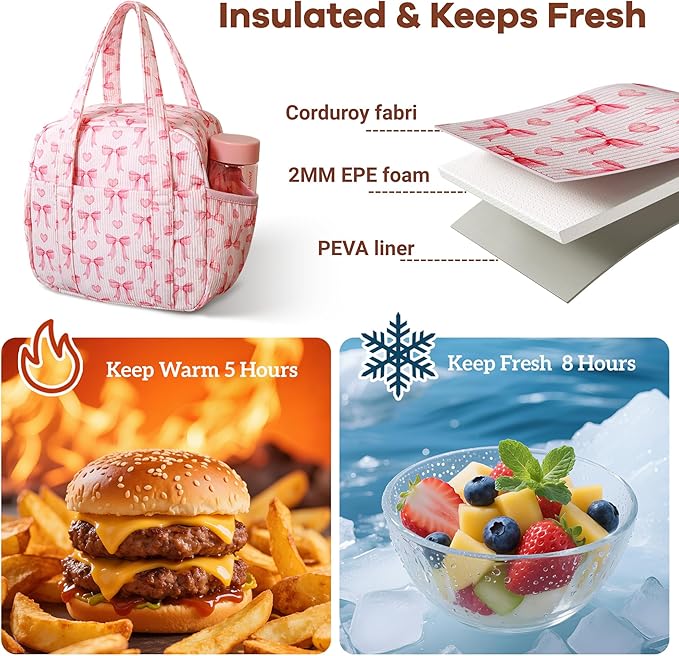 Yarnic Lunch Bag Women Men Insulated, Large Corduroy Lunch Box for Work with Bottle Pockets, Stylish Reusable Cooler Tote for Adults Teachers Picnic Hiking (Pink Bow)