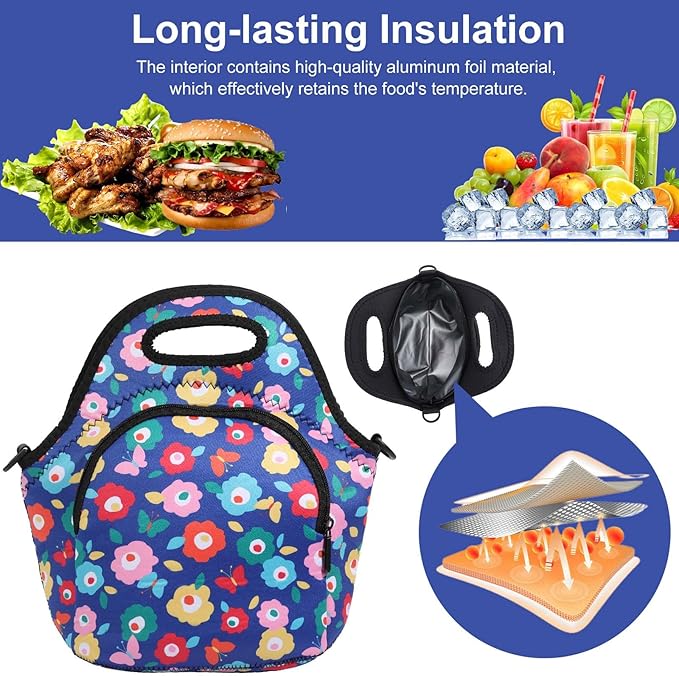 CILLA Neoprene Lunch Bag for Women Insulated Lunch Tote Bags Washable Lunch Container Box Picnic Lightweight Meal Prep Bags(Butterfly Wild flowers+)
