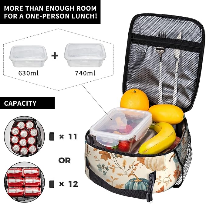 Autumn Pumpkin Lunch Box for Women Girls, Insulated Cooler Fall Leaves and Pumpkins Lunch Bag for School, Picnic, Office, Travel, Work, Portable Reusable Polyester Thermal Tote Lunch Bags