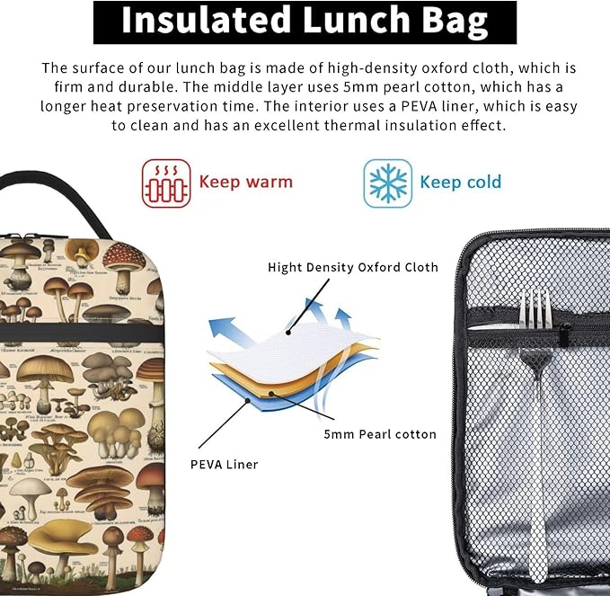 Botanical Mushroom Lunch Box for Women Men, Insulated Lunch Box, Reusable Lunch Bag for Office, Work, Picnic, Travel
