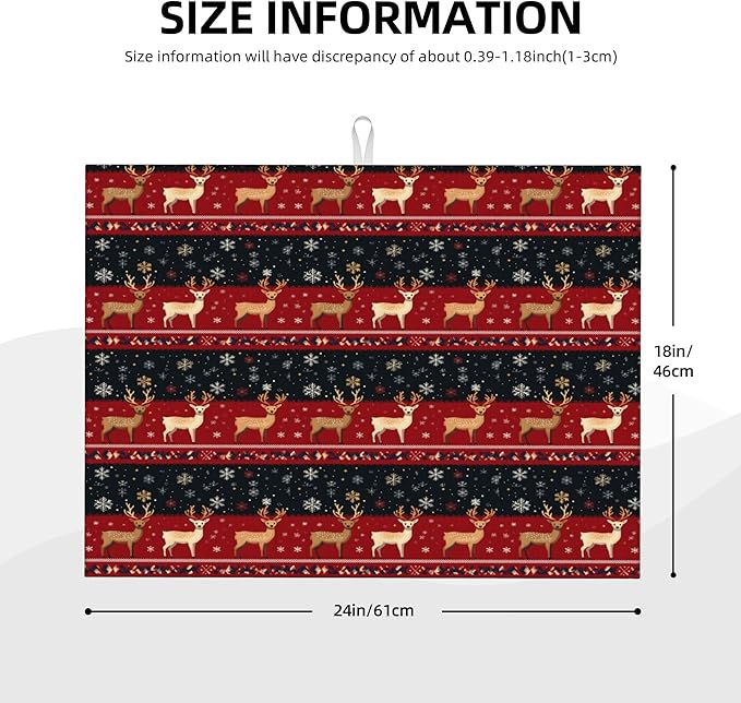 Christmas Reindeer Dish Drying Mat for Kitchen Counter Microfiber Super Absorbent Non-Slip Dish Drying Pad for Countertops Dishes Utensils Stylish Quick-Dry Machine Washable 18x24 Inch