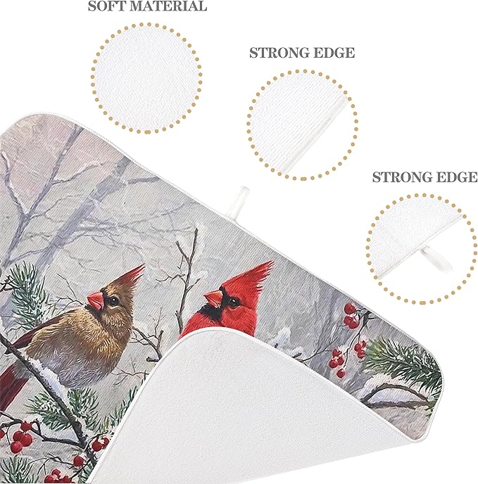 Christmas Dish Drying Mats 18x24 Inch Snow Red Bird Drying Mats Xmas Farmhouse Winter Holiday Kitchen Decor Absorbent Drying Pad Rack Drainer Mats for Kitchen Dining Room Counter