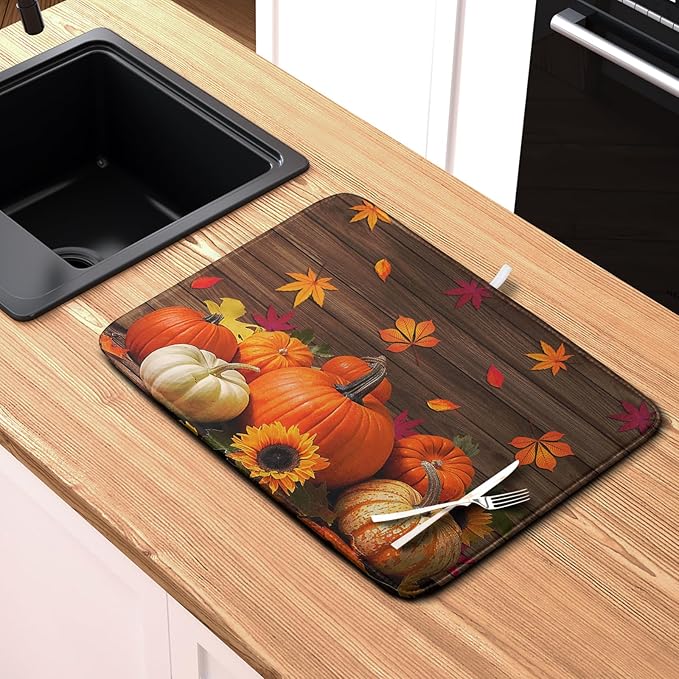 AutumnThanksgiving Pumpkin Dish Drying Mat for Kitchen Counter 16x18 Inch Fall Sunflowers Maple Leaves Harvest Kitchen Drying Mat Microfiber Super Absorbent Dish Rack Drainer Mat with Hanging Loop