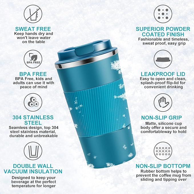 12oz Travel Coffee Cups Insulated Tumbler Thermal Mug to Go with Lid Leak Proof Reusable Stainless Steel Coffee Mug Spill Proof for Hot and Iced Cold Drinks (Blue, 380ml)