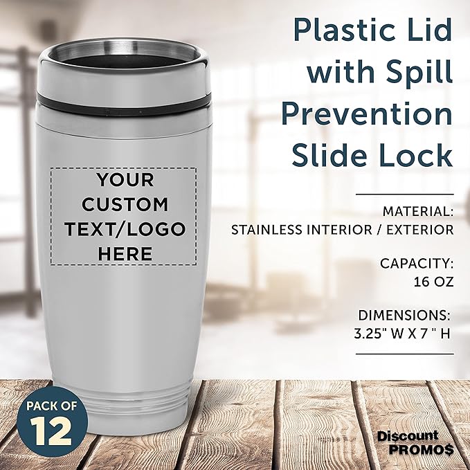 DISCOUNT PROMOS Custom Stainless Steel Tumblers 16 oz. Set of 12, Personalized Bulk Pack - Perfect for Coffee, Soda, Other Hot & Cold Beverages - Silver