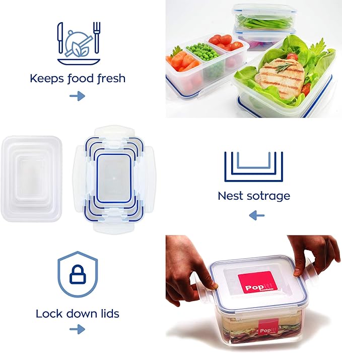 Popit! 8 Clear Food Storage Containers Set, Microwave and Freezer Safe, Little Big Box