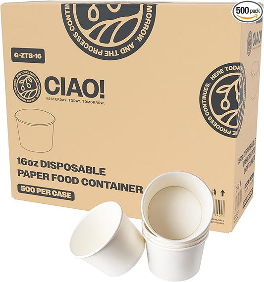 CIAO! 16OZ Disposable White Paper Food Container, 115mm Diameter, Lids Sold Separately (500/case)