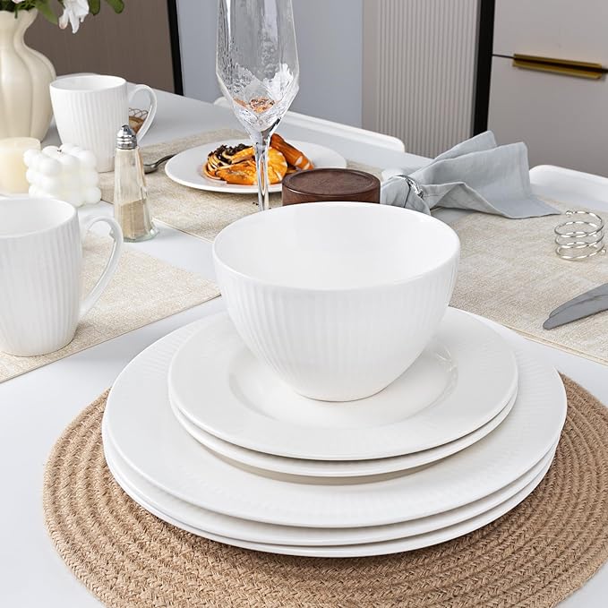 12 Piece Porcelain Dinnerware Sets for 4, White Plates and Bowls Sets with Embossed Stripe Decro, Elegant Kitchen Dish Sets - Dishwasher and Microwave Safe, QOMO-1996