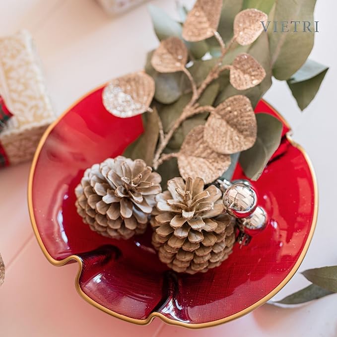 Vietri Holiday Glass Small Ruffled Bowl, 9.5"D Red/Gold Decorative Christmas Serving/Mixing Dish