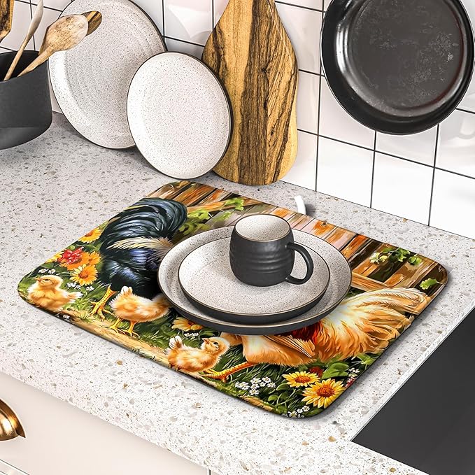 Rooster Chickens Dish Drying Mats 16x18 Inch,Farmhouse Wooden Fence Sunflower Microfiber Absorbent Quick-Dry Drainer Rack Sink Protector Pad for Kitchen Counter Decor