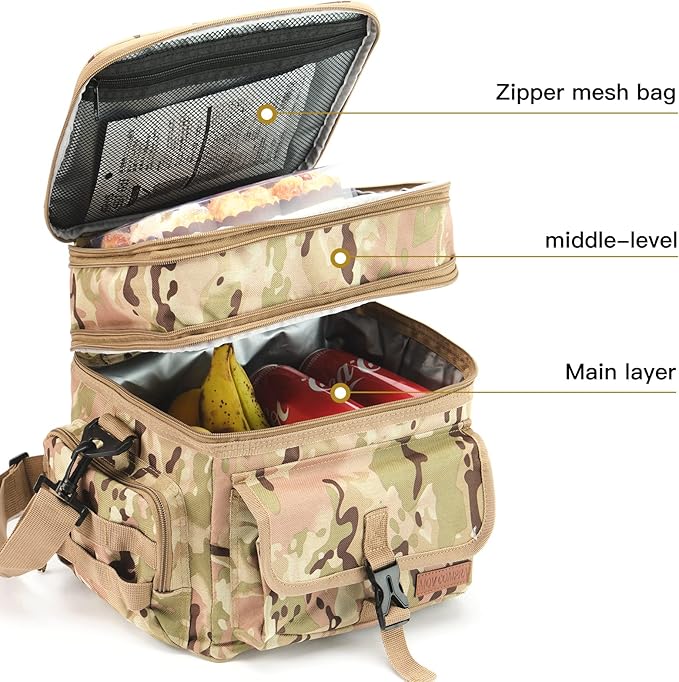 Tactical Lunch Bag for Men Expandable Double Deck Insulated Lunch Box Leakproof Large Capacity Thermal Cooler Bag with MOLLE Water Bottle Pouch for Adults for Work Picnic Camping（Camouflage）