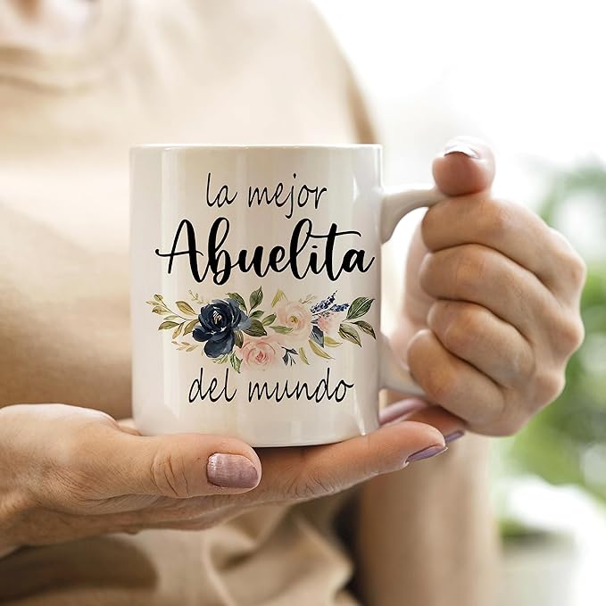 QASHWEY Best Grandma in The World Floral Coffee Mugs Mug,Abuelita Grandma Birthday Mother's Day Gifts from Grandkids,La Mejor Abuelita Del Mundo Spanish Double Side Printed Ceramic Mug Cup 11 Ounce