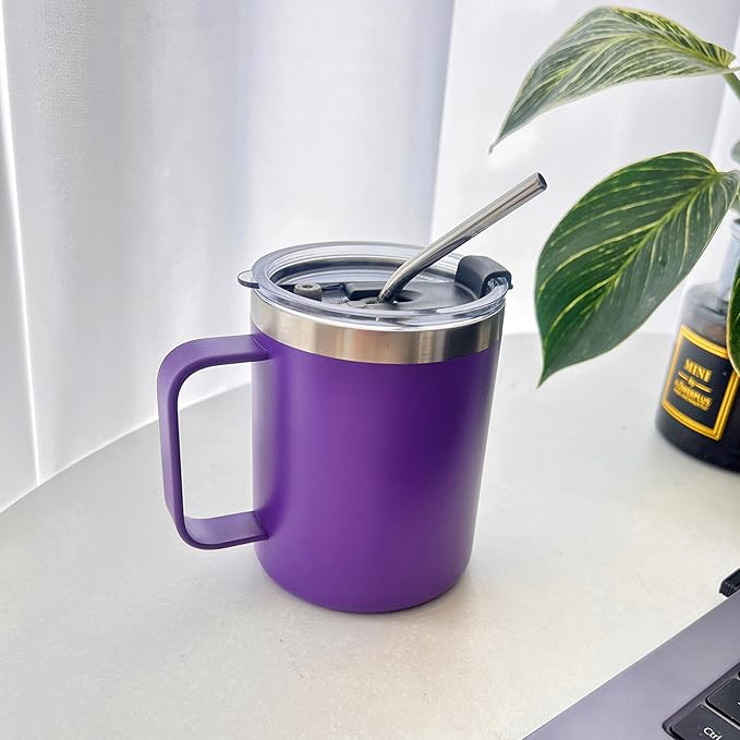 4pack 12oz Coffee Mug With Handle Bulk, Stainless Steel Insulated Travel Tumblers With,Double Wall Vacuum Camping Cup for Hot & Cold Drinks Tea (purple)