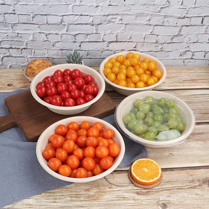 32 oz Round Disposable bowls with lids,Sugarcane Paper Bowls take away food containers Plant Fibers Freezer Safe 50 Pack