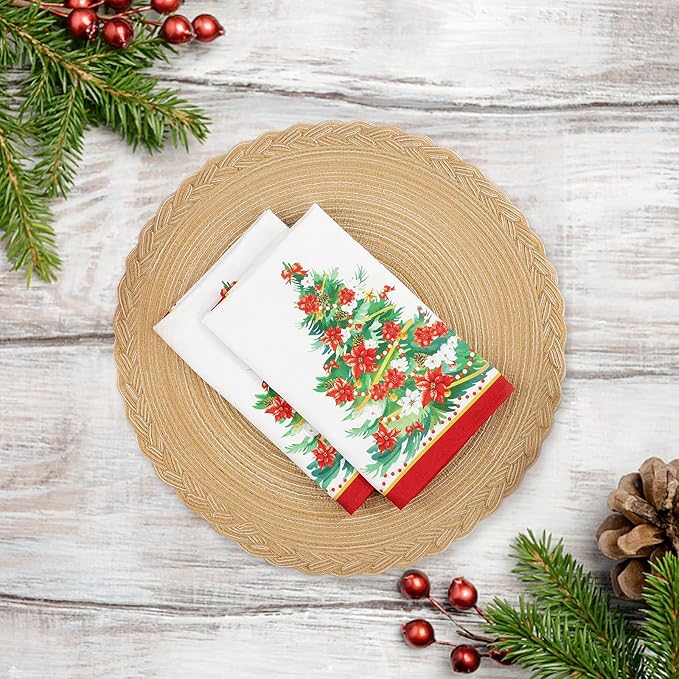 Christmas Tree Napkins, 18×18 Inch Floral Dinner Cloth Napkins Set of 4, Washable Cotton Soft Absorbent Square Napkins for Dining Kitchen Party Wedding Decoration