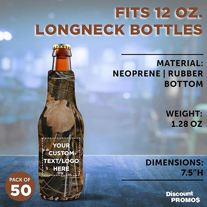 50 Neoprene Zippered Beer Bottle Coolies Pack - Customizable Text, Logo - Sharkskin Rubber Bottom - Camo4