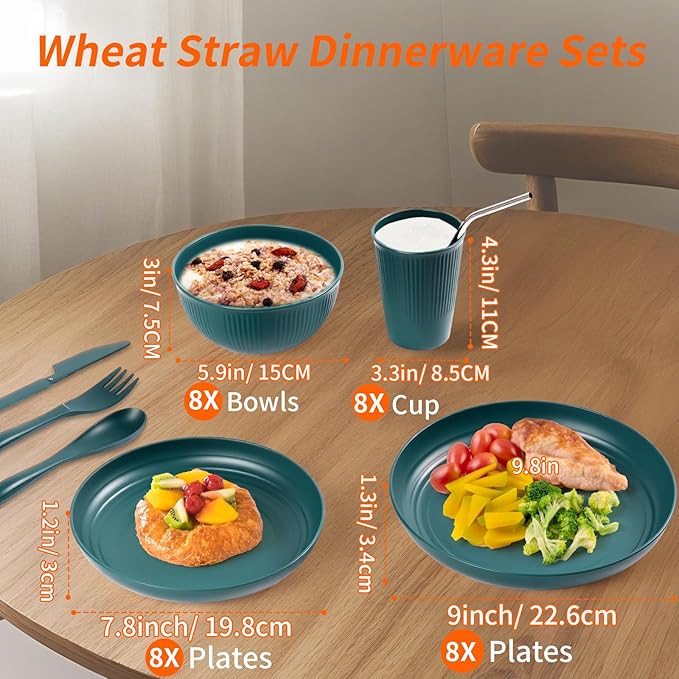 64PCS Wheat Straw Dinnerware Set for 8 BPA Free Kitchen Unbreakable Set for Home Outdoor Camping