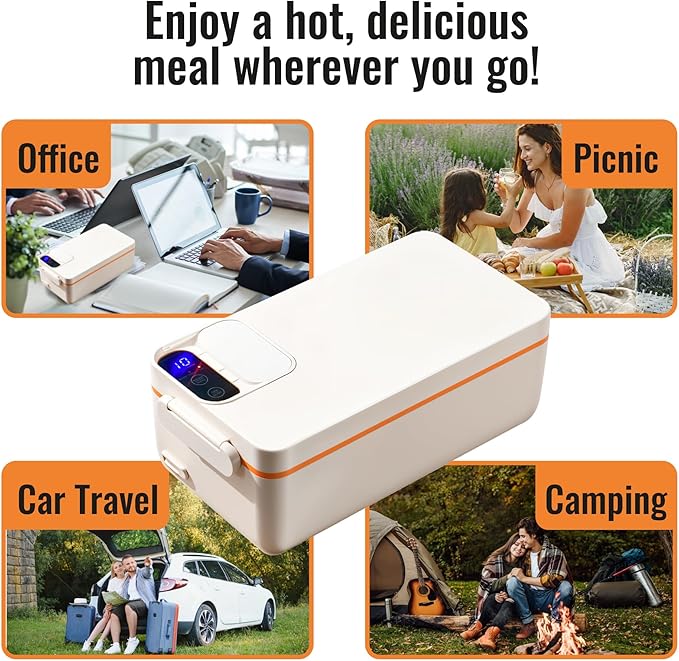 Rechargeable Electric Heated Lunch Box - Cordless Battery Powered Portable Food Timer Heater Keep Hot Meal - Self Reheating Soup Heat Warming Container Heating Warmer for Men Women Adults Car Vehicle