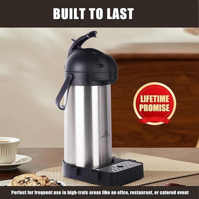 Airpot Coffee Dispenser 102 oz (3L) with Pump, Drip Tray and Cleaning Brush - Stainless Steel Insulated Carafe - 24 Hour Heat Retention - 36 Hour Cold Retention - 2 Gifts are included