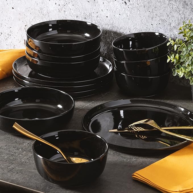 Gibson Home Oslo 12-Piece Porcelain Chip and Scratch Resistant Dinnerware Set, Service for 4 – Black Plates and Bowls, Microwave & Dishwasher Safe