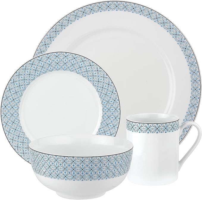 Portmeirion Home Mallorca 16 Piece Porcelain Dinnerware Set with Blue Geometric Border, 4 Place Settings - Ideal for Weekday Meals, Casual Brunches, Relaxed Dinner Parties, Small Family Celebrations