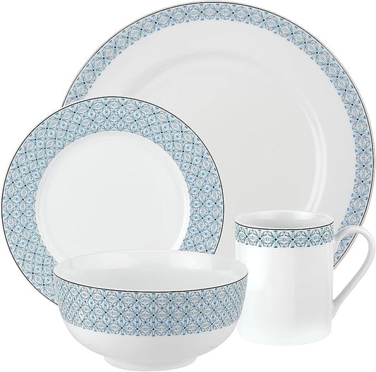 Portmeirion Home Mallorca 16 Piece Porcelain Dinnerware Set with Blue Geometric Border, 4 Place Settings - Ideal for Weekday Meals, Casual Brunches, Relaxed Dinner Parties, Small Family Celebrations