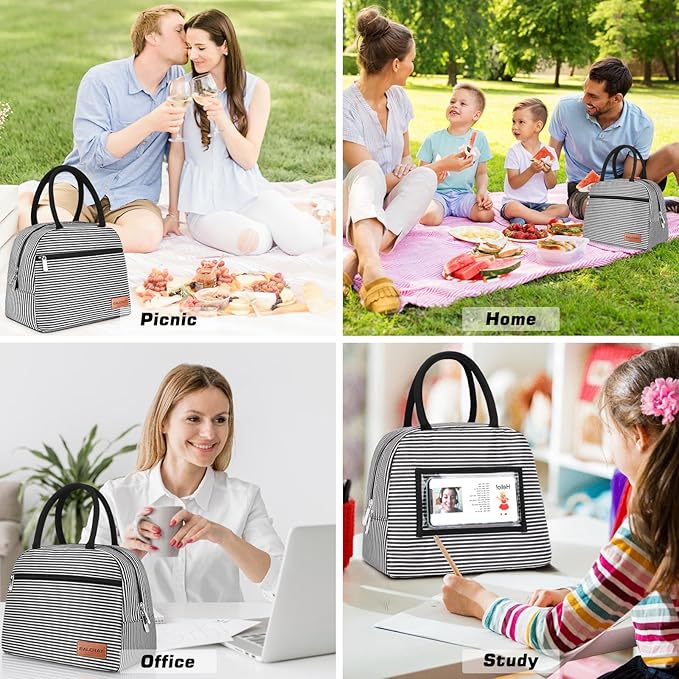 BALORAY Lunch Bag for Women Men Cute Reusable Insulated Lunch Box Large Capacity Lunch Tote Bag for Work, Picnic or Travel (Zipper Stripes)