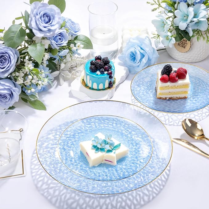 Rubtlamp 60 Pieces Blue Gold Plastic Plates - 10 inch Blue Plastic Dinner Plates - Hammer Pattern Design - Fancy Clear and Gold Disposable Plates Ideal for Wedding & Party