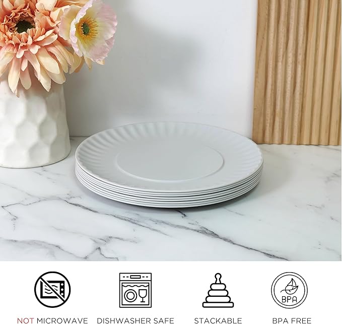 TP Melamine Plates Set of 8, 8-Inch Lightweight Reusable Plates for Picnic, Party, BBQ & Camping, Dishwasher Safe Tableware for Salads, Appetizers & Desserts, Grey