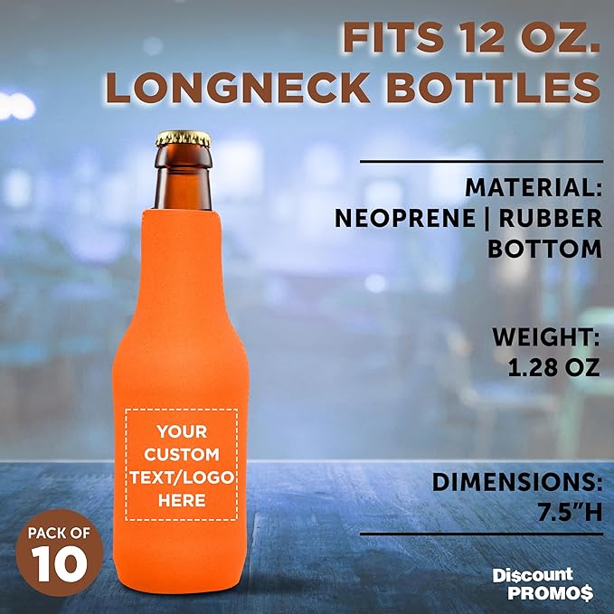 10 Neoprene Zippered Beer Bottle Coolies Pack - Customizable Text, Logo - Sharkskin Rubber Bottom - Neon Orange
