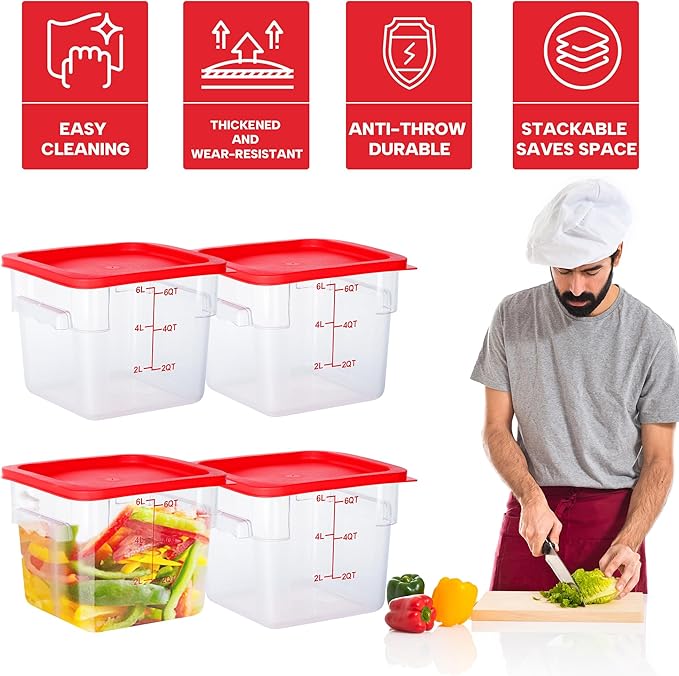 4 Pack Food Storage Containers, 6 Quart with Lids, Square Commercial Containers with Scale, NSF, Polycarbonate, Clear