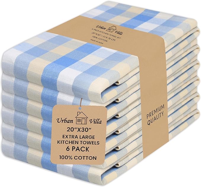 Urban Villa Kitchen Towels Set of 6 Blue Sand Buffalo Checks Kitchen Towels 20X30 Inches 100% Cotton Highly Absorbent Kitchen Towels Premium Quality Ultra Soft Mitered Corners KitchenTowels