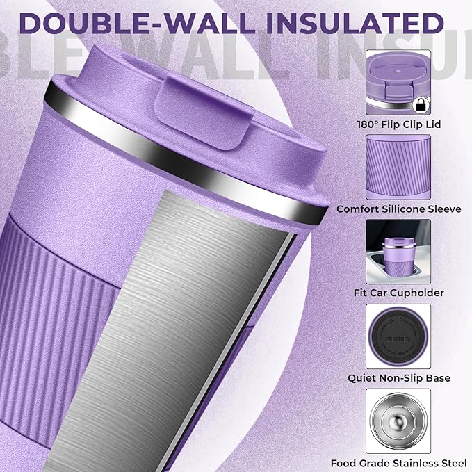 Insulated Coffee Tumbler 17 oz, Stainless Steel Coffee Mug with Lids, Travel Coffee Mug Leak Proof, Double Wall Vacuum Insulated Reusable Coffee Cup, Keep Drinks Hot and Cold (Lavender, 17 Ounces)