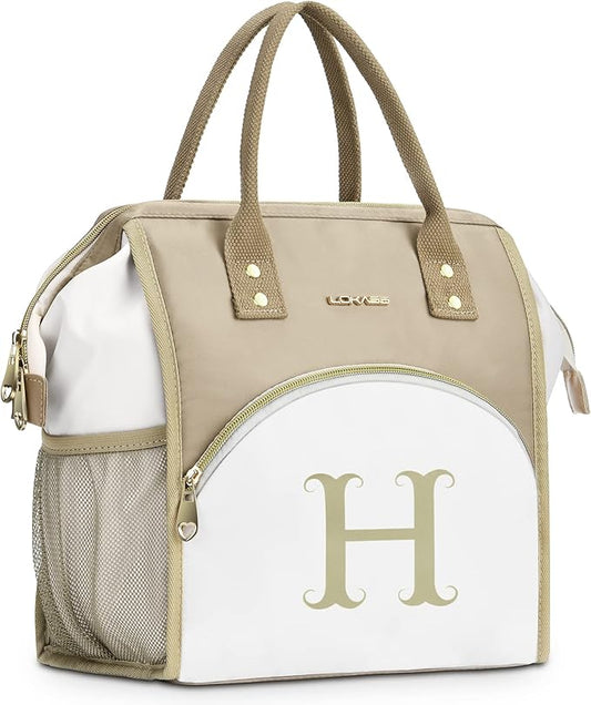 Personalized Lunch Box for Women, Reusable Insulated Lunch Bag, Wide-Open Adult Lunchbox Cooler Lunchbag Snack Organizer, Initial Leakproof Lunch Tote Bag for Picnic Work Outdoors, H