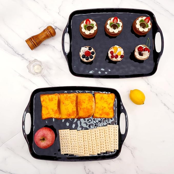 TP Serving Trays with Handles, 17 Inch Large Rectangular Melamine Serving Platter Set of 2, Retro Black