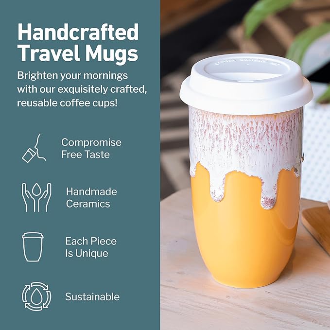 Ceramic Tumbler– Ceramic Travel Mug With Lid – Microwave & Dishwasher Safe Coffee White & Orange Tumbler - Gifts For Women Men Him Her – 16oz – Grapefruit