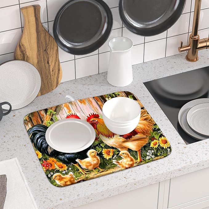 Rooster Chickens Dish Drying Mats 16x18 Inch,Farmhouse Wooden Fence Sunflower Microfiber Absorbent Quick-Dry Drainer Rack Sink Protector Pad for Kitchen Counter Decor